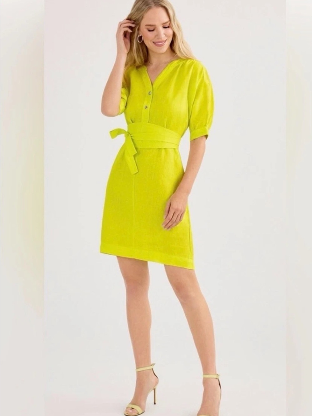 Cabi Lagoon Linen Belted Chartreuse Lime Mini Dress Sz L